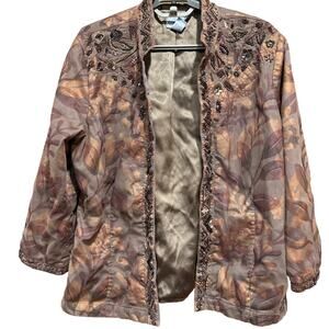 Chicos Jacket Size 2 US L Brown Netted Beaded Open Front Sequin Overlay FLAW